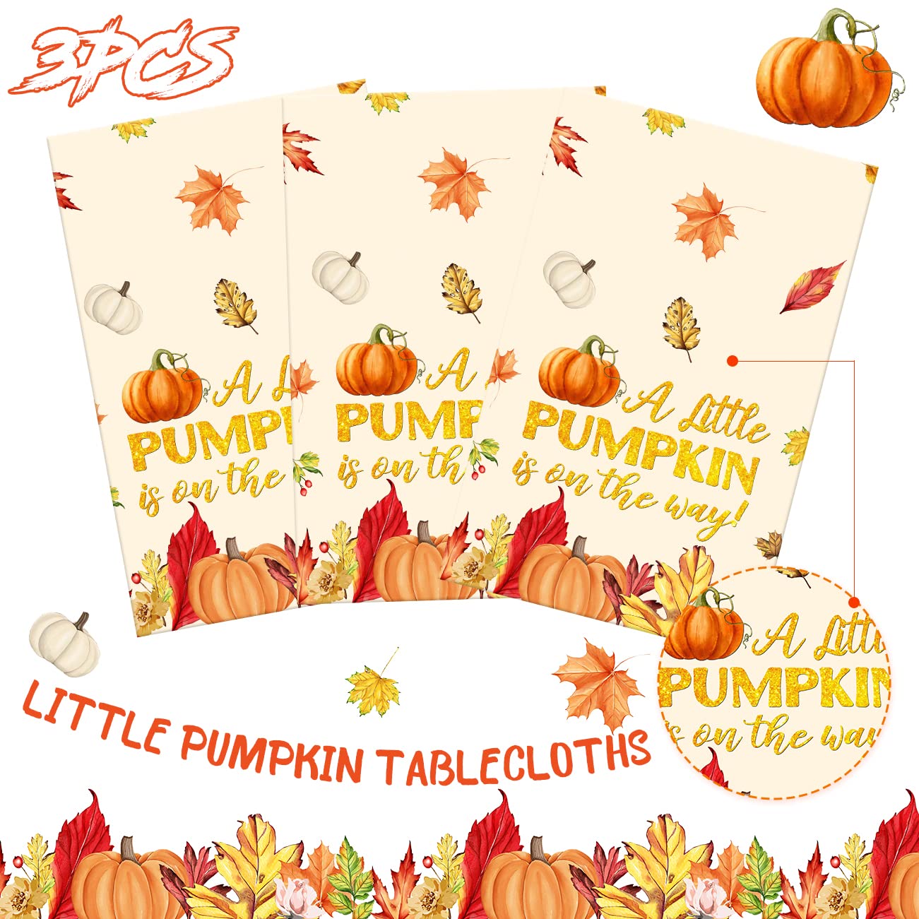 Little Pumpkin Baby Shower Decorations 3PCS a Little Pumpkin is On The Way Tablecloth Plastic Pumpkin Table Cover for Fall 1st Birthday Party Supplies