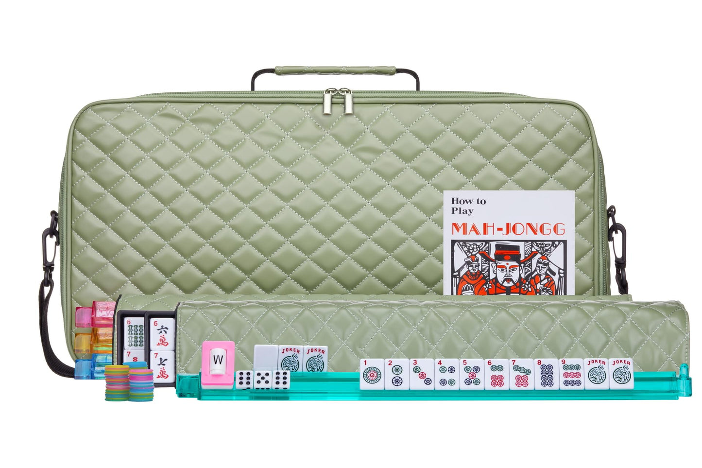 American Mahjong Set “Green" - Quilted PU Leather Carrying Bag with Shoulder Strap & Handles, All-in-One Tile Racks with Pushers, 166 Engraved Tiles