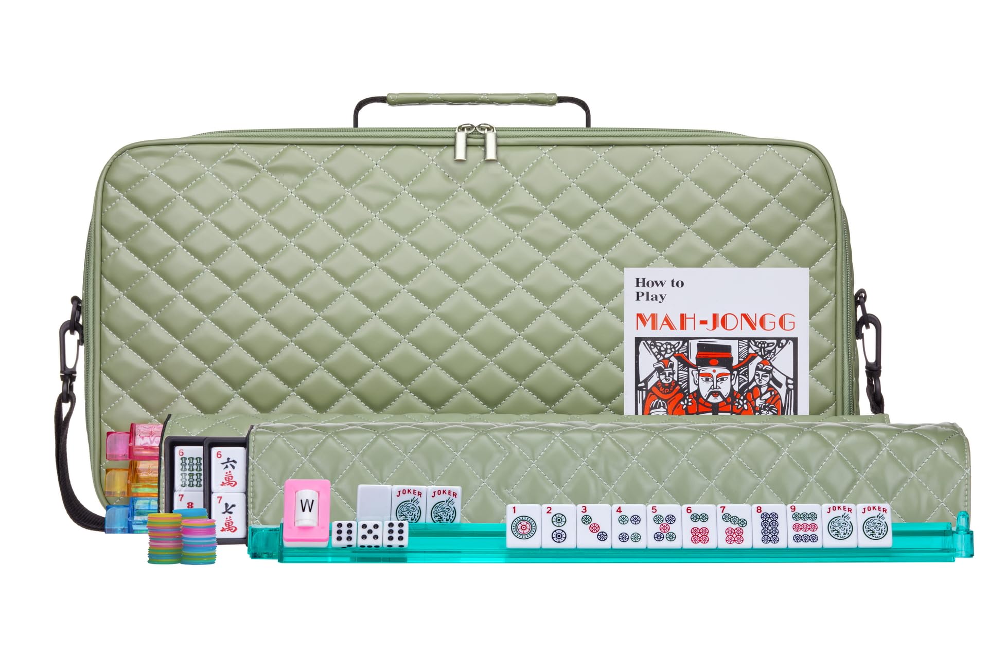 American Mahjong Set “Green" - Quilted PU Leather Carrying Bag with Shoulder Strap & Handles, All-in-One Tile Racks with Pushers, 166 Engraved Tiles