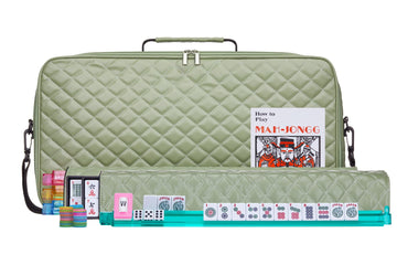 American Mahjong Set “Green" - Quilted PU Leather Carrying Bag with Shoulder Strap & Handles, All-in-One Tile Racks with Pushers, 166 Engraved Tiles