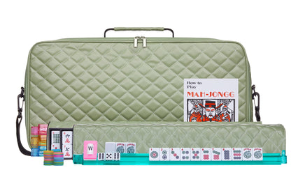 American Mahjong Set “Green" - Quilted PU Leather Carrying Bag with Shoulder Strap & Handles, All-in-One Tile Racks with Pushers, 166 Engraved Tiles