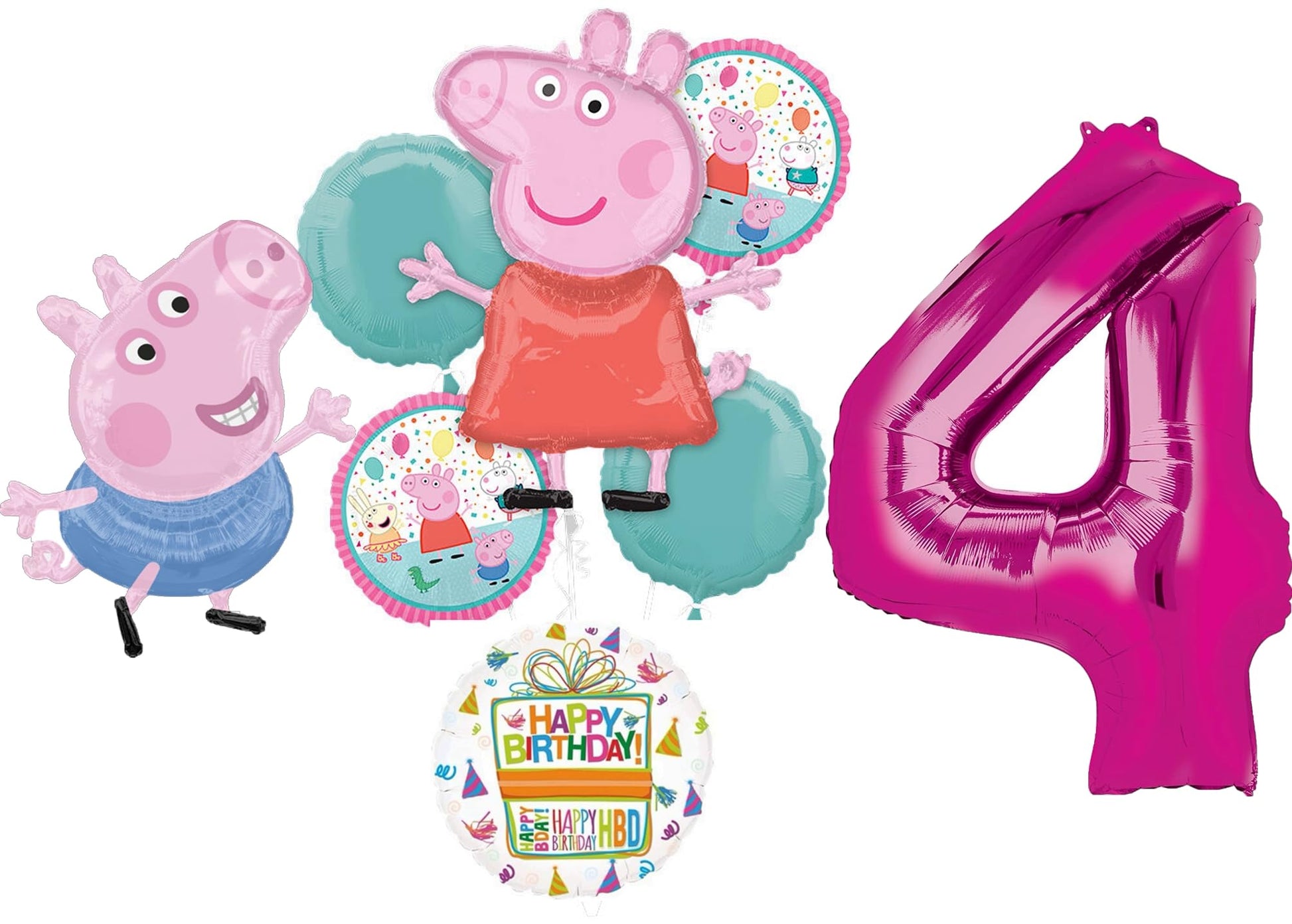 Anagram Peppa and George 4th Birthday Party Supplies Pig Foil Balloon Bouquet Decorations, BQ_4284