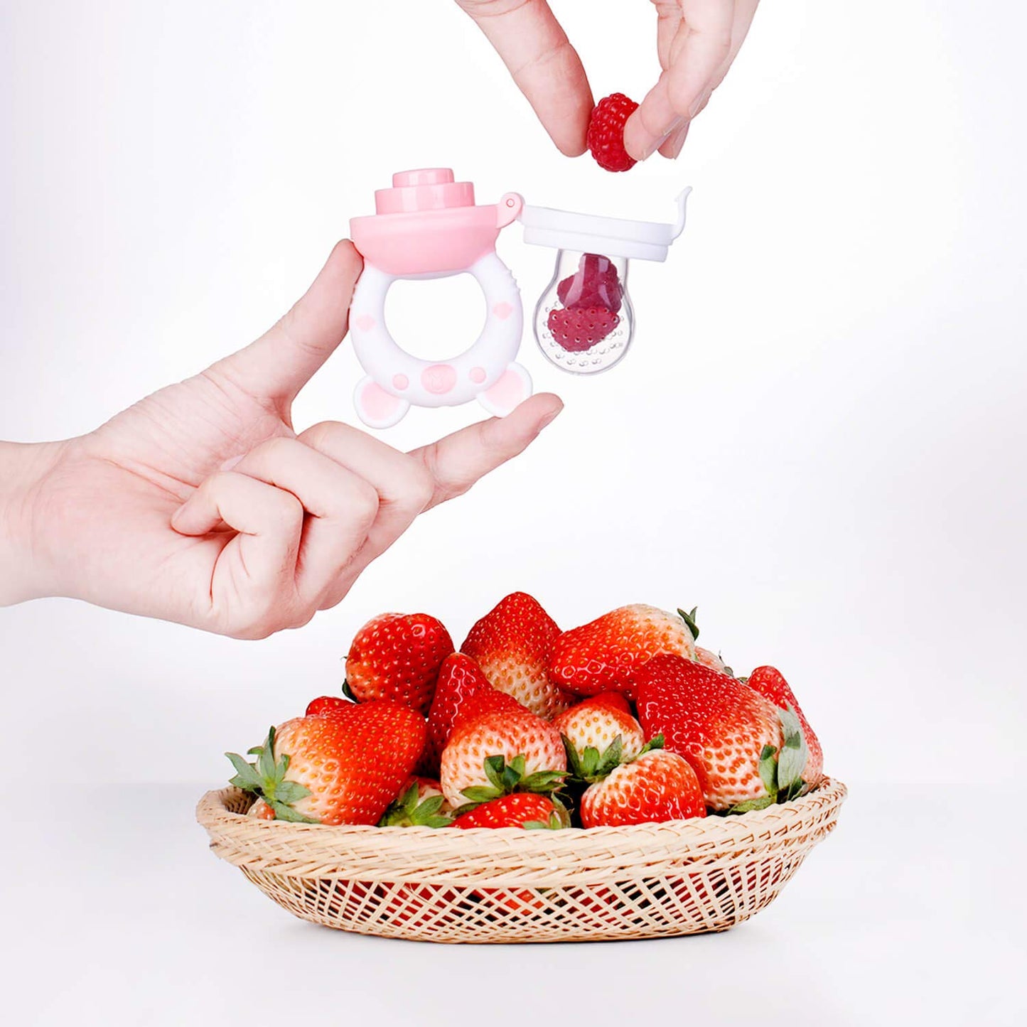 JOCHEBED Baby Fruit Food Feeder Pacifier, Silicone Teething Relief Toy, 2-Pack with 6 BPA-Free Pouches, Light Pink, 3-24 Months
