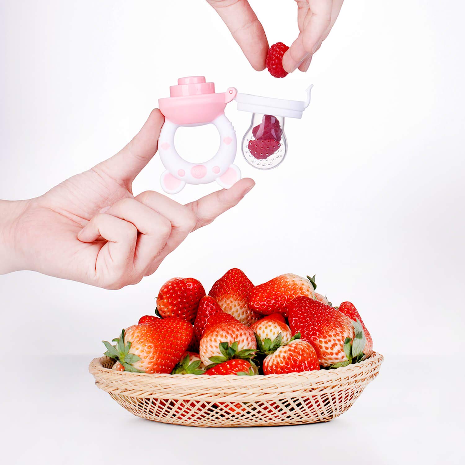 JOCHEBED Baby Fruit Food Feeder Pacifier, Silicone Teething Relief Toy, 2-Pack with 6 BPA-Free Pouches, Light Pink, 3-24 Months