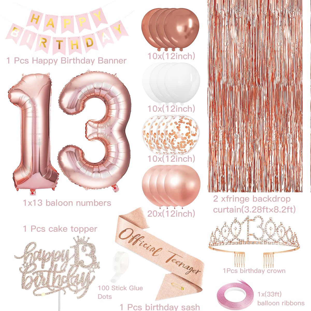 13th Birthday Decorations for Girls, Rose Gold 13th Birthday Banner, Balloon, Cake Topper, Sash and Crown, Happy 13th Birthday Party Decorations