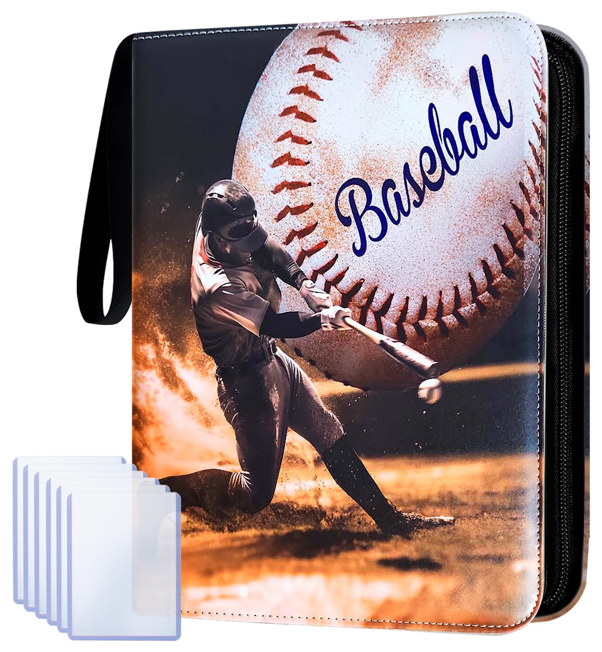 Baseball Card Binder 9 Pocket - Holds 990 Cards, Zipper Trading Card Binder with Extra Space to Close When Full, Includes 25 Toploaders and Inner