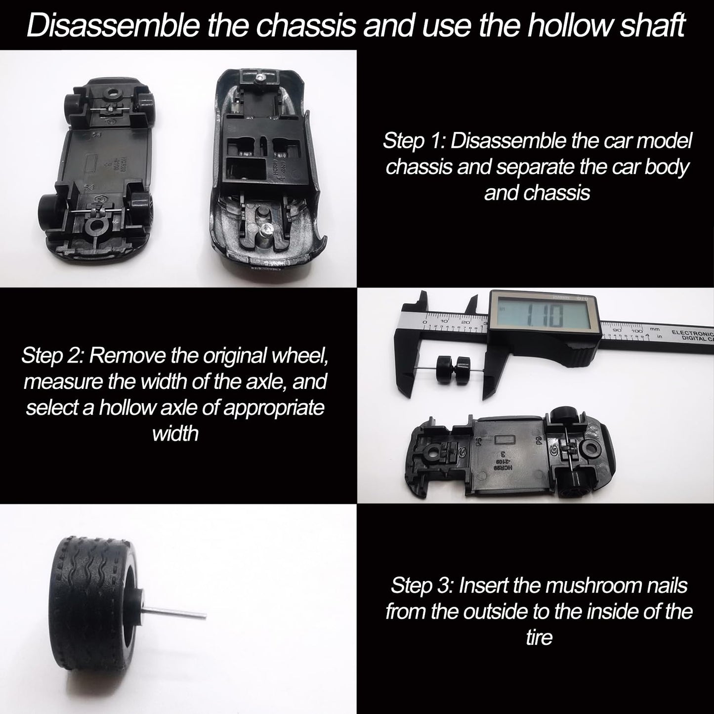 20 Set 1/64 Scale Wheels Modified Hollow Shaft & Mushroom Nails Suitable for 1 64 Scale Diecast Cars DIY Tires (Each Set Contains 2 Hollow Shafts
