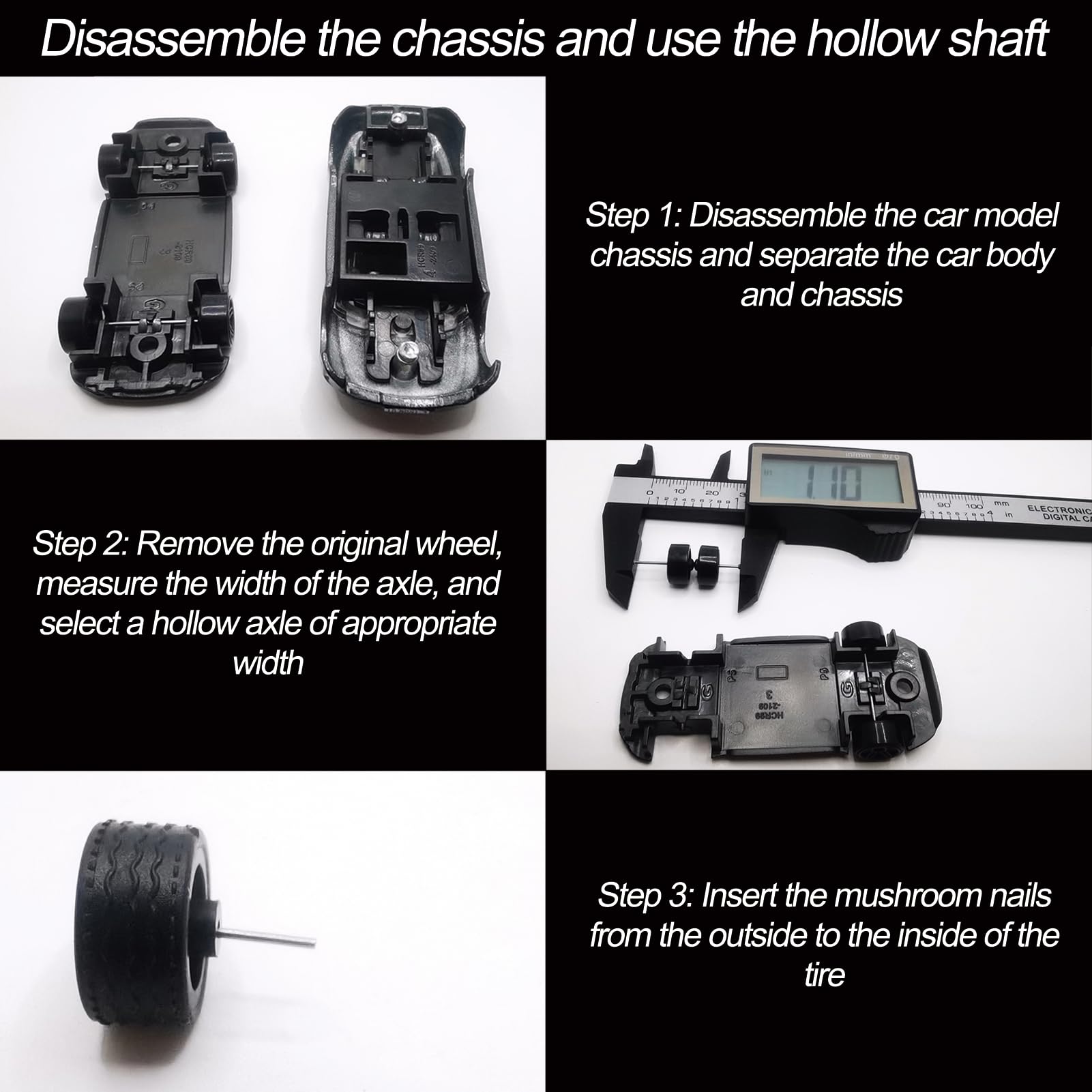 20 Set 1/64 Scale Wheels Modified Hollow Shaft & Mushroom Nails Suitable for 1 64 Scale Diecast Cars DIY Tires (Each Set Contains 2 Hollow Shafts
