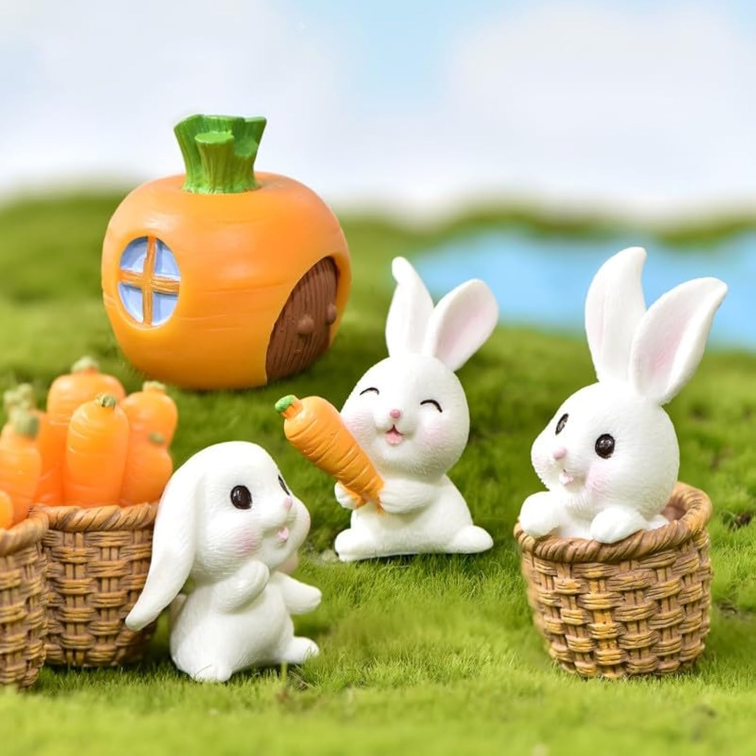CCUUHJ 7 Pcs Bunny Kit Resin Miniature Figurines Fairy Garden Accessories,Mini Straw Basket Carraot Figures Rabbit Ornaments for Easter Egg Fillers