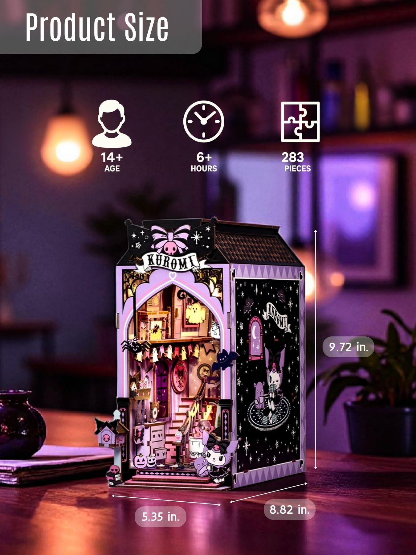 Hands Craft Kuromi Spooky House DIY Book Nook Kit - Official Sanrio Miniature Shelf Insert with Touch LED - 283-Piece 3D Puzzle for Adults & Teens