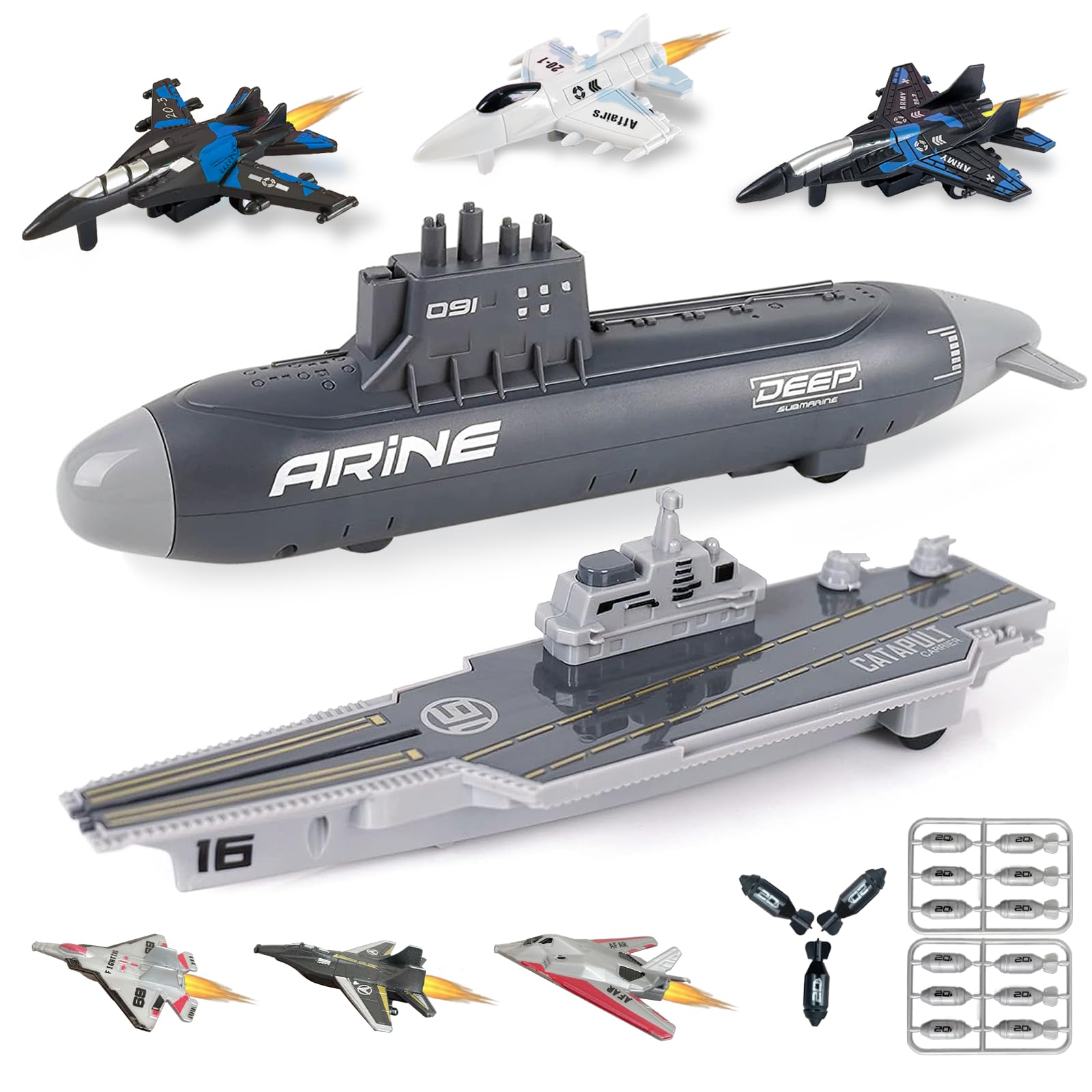 WASAiKA WASK Aircraft Carrier Toy and Submarine Toy Naval Ship with Launching Small Scale Model Fighter Jet Toy and Torpedoes, Ideal Gift Army Toys