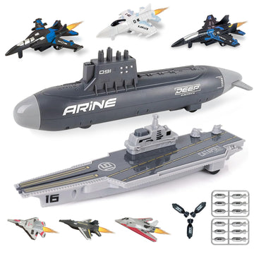 WASAiKA WASK Aircraft Carrier Toy and Submarine Toy Naval Ship with Launching Small Scale Model Fighter Jet Toy and Torpedoes, Ideal Gift Army Toys