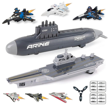 WASAiKA WASK Aircraft Carrier Toy and Submarine Toy Naval Ship with Launching Small Scale Model Fighter Jet Toy and Torpedoes, Ideal Gift Army Toys