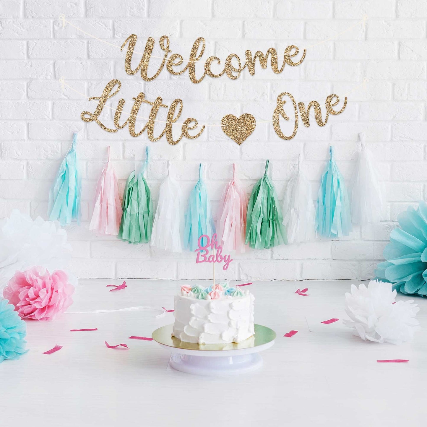 Pre-Strung Welcome Little One Banner - Gold Glitter Baby Shower Banner