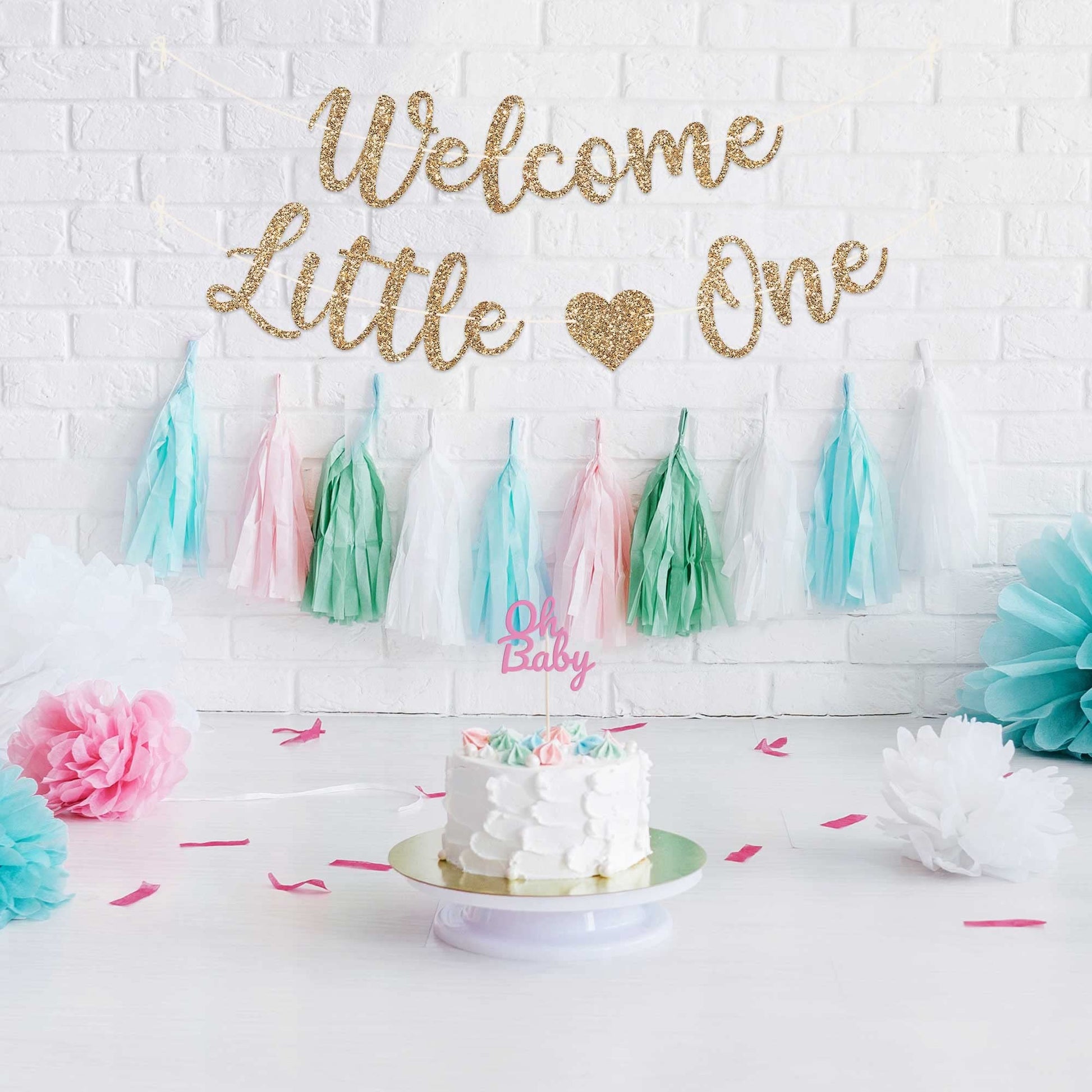 Pre-Strung Welcome Little One Banner - Gold Glitter Baby Shower Banner