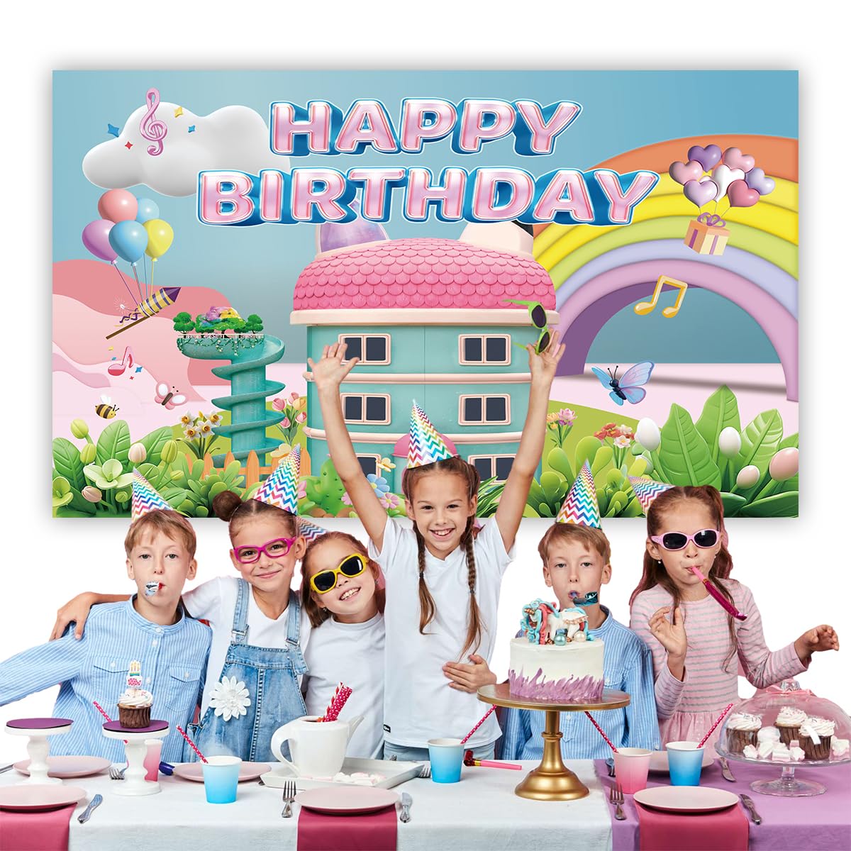 5 * 3FT Rainbow Dollhouse Birthday Party Backdrop Decorations,Rainbow Dollhouse Theme Party Supplies
