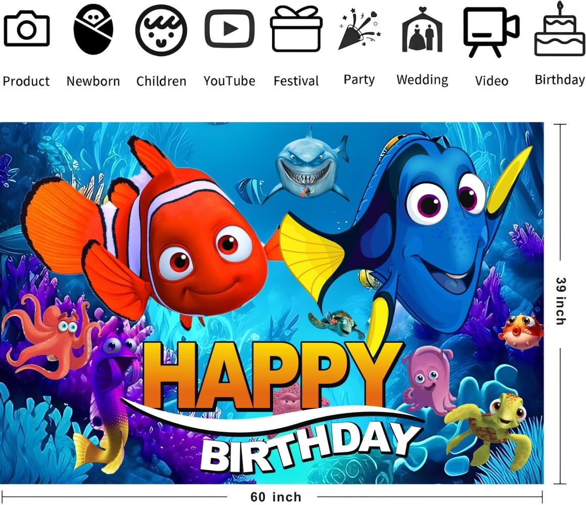 Finding Nemo Wall Decor for Birthday Decorations, Finding Nemo Backdrop for Kids Birthday Party Supplies (5x3ft)