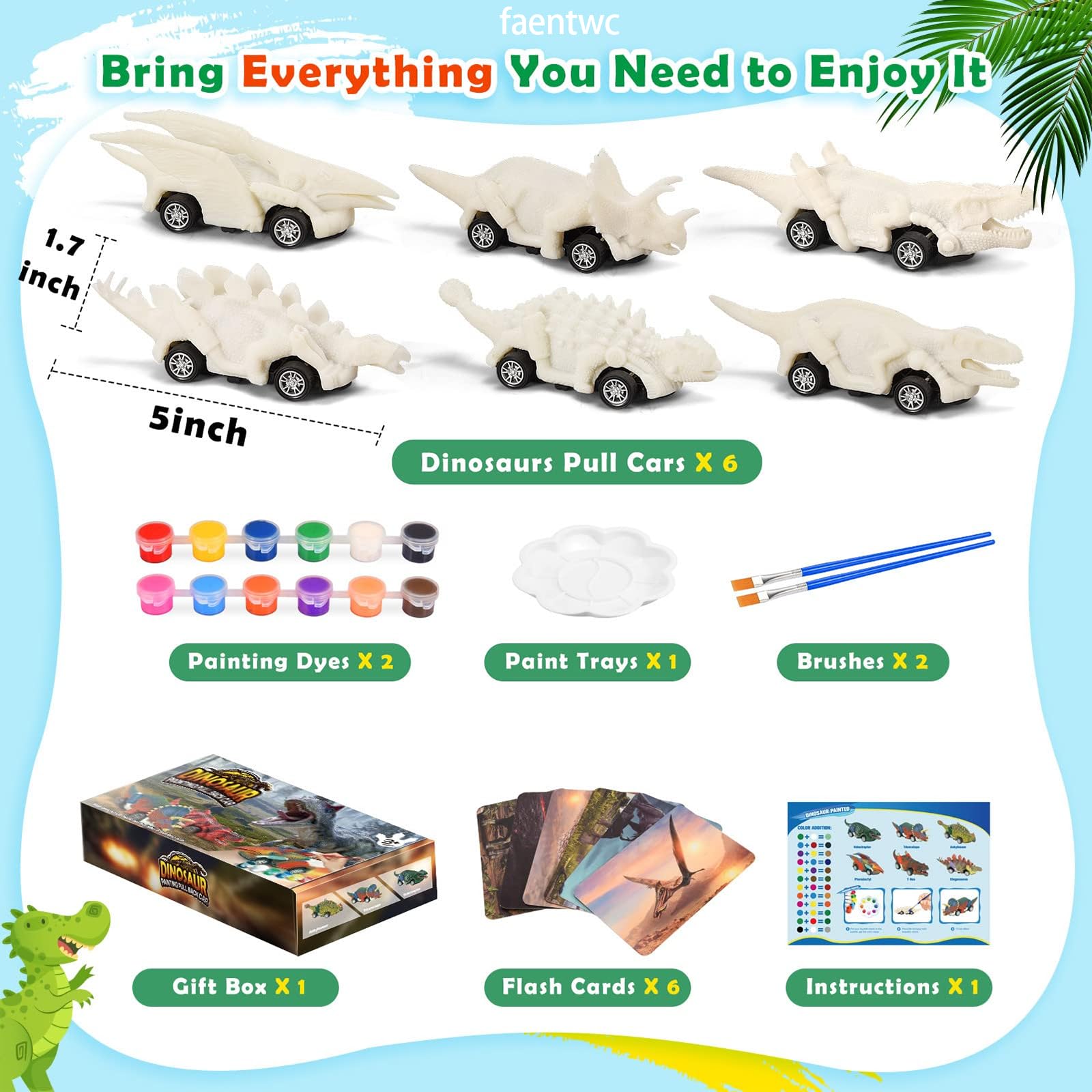 faentwc Dinosaur Painting Toys for Kids 5-7: Birthday Gifts for Kid Age 3-12 2 in 1 Dino Arts Painting Kits and Pull Back Cars Toy for Boys 4 5 6 7 8
