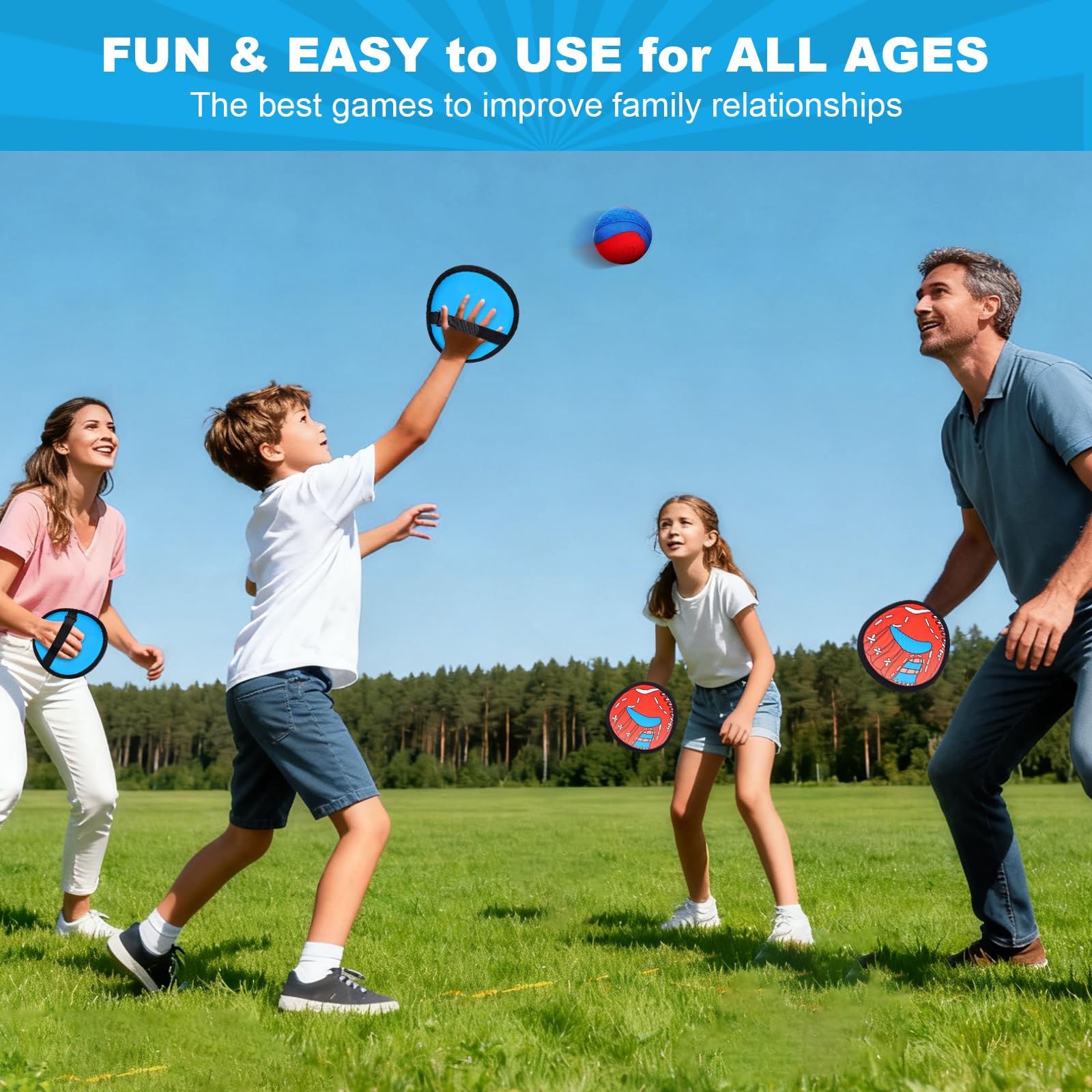 SNFAJOHE Toss and Catch Ball Game Set for Kids Ages 3-12, 4 Paddles & 4 Sticky Balls, Outdoor Baseball Training Toy for Backyard, Beach, Pool