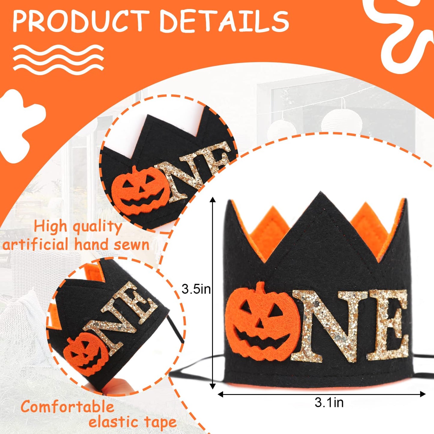 SYESQL Little Pumpkin Birthday Crown - Pumpkin Birthday Hat, Ghost Witch One Birthday (Pumpkin 1st Birthday Crown Black)