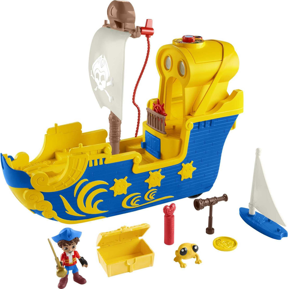 Fisher-Price Santiago of The Seas Pirate Ship El Bravo Playset with Lights Sounds & Phrases, Pirate Santiago & Kiko Figures, 6 Play Pieces