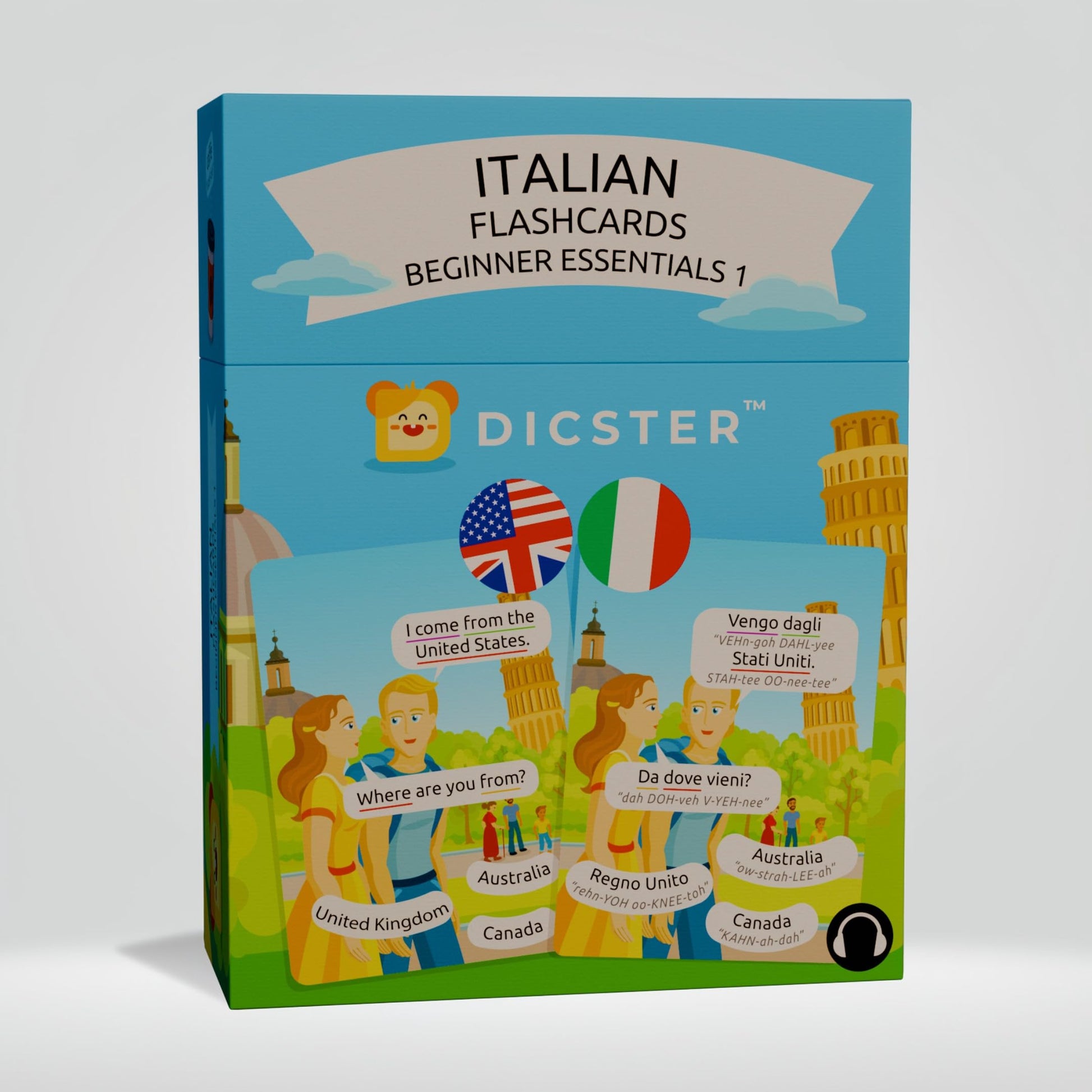 Dicster Italian Language Flashcards - Beginner Essentials 1: 52 Flashcards & 275+ Essential Words & Phrases, Pronunciation Guides, Online Audio