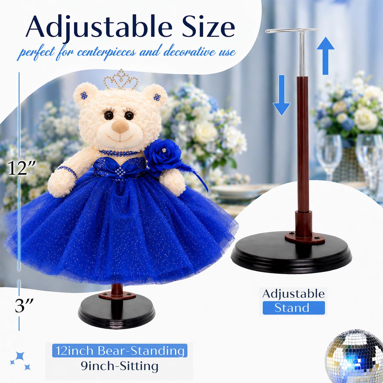 12" Quinceañera Bear Centerpiece Doll w/ Elegant Layered Tulle Dress, Adjustable Stand Included - Quinceanera Decorations Gift, Oso de Peluche para 15