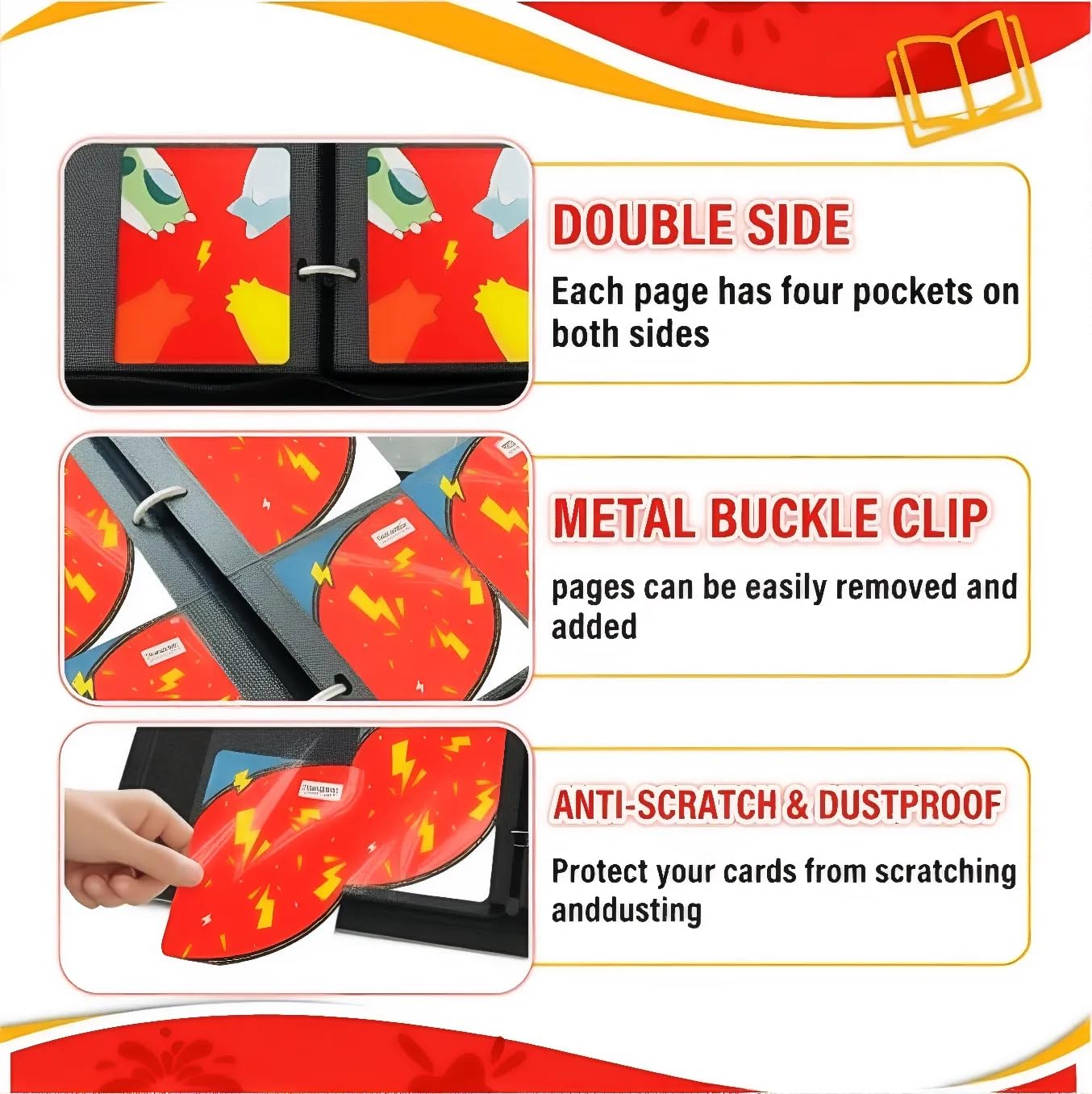 Trading Card Binder 4 Pocket,Card Binder 400 Pockets,Card Book Holder Cards with 50 Removable Sleeves,3-Ring Zip Design Collectible Trading Card