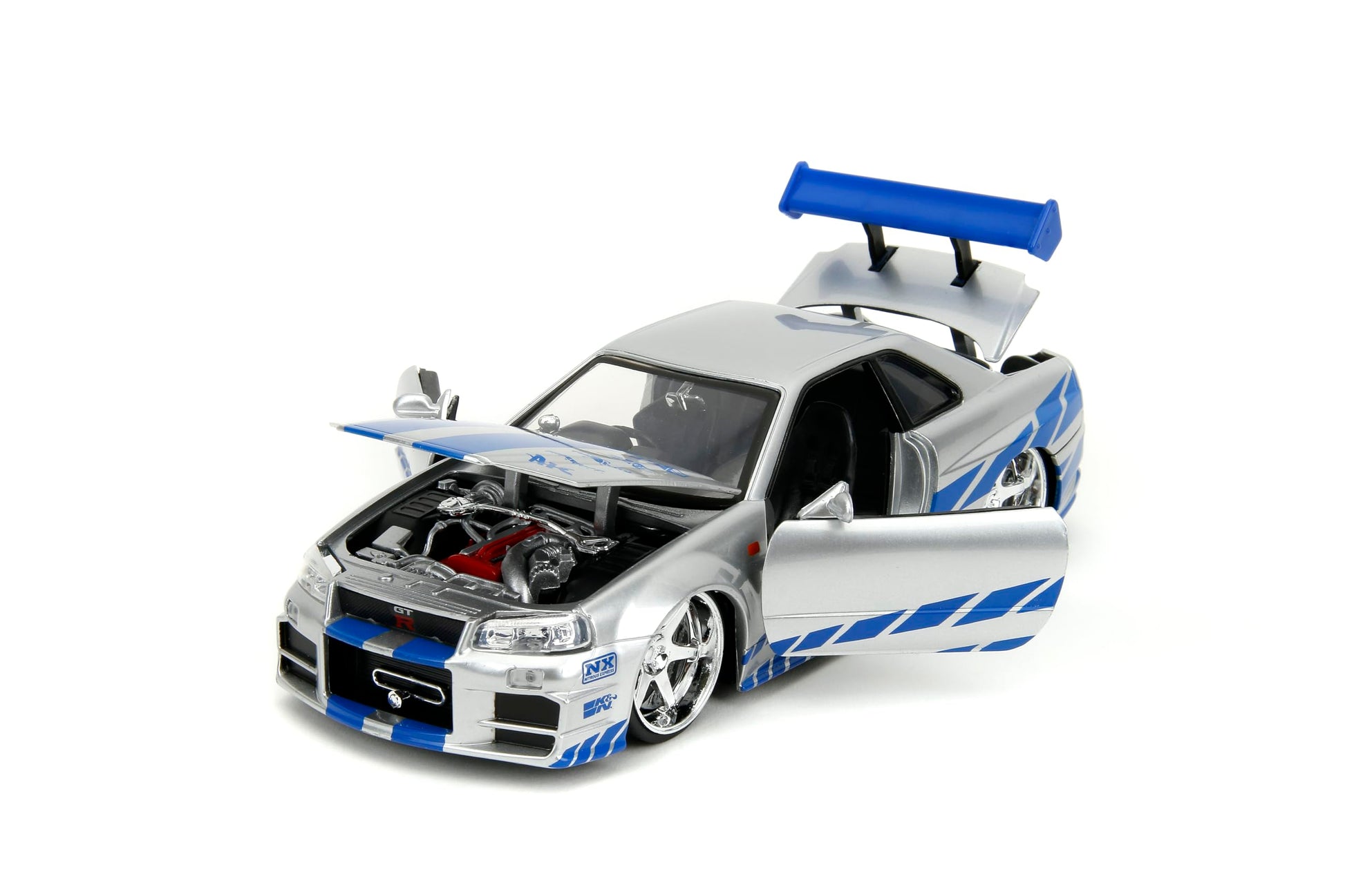 Jada Toys Fast & Furious Brian’s 2002 Nissan Skyline R34 Die-cast Car, 1:24 Scale, Silver & Blue