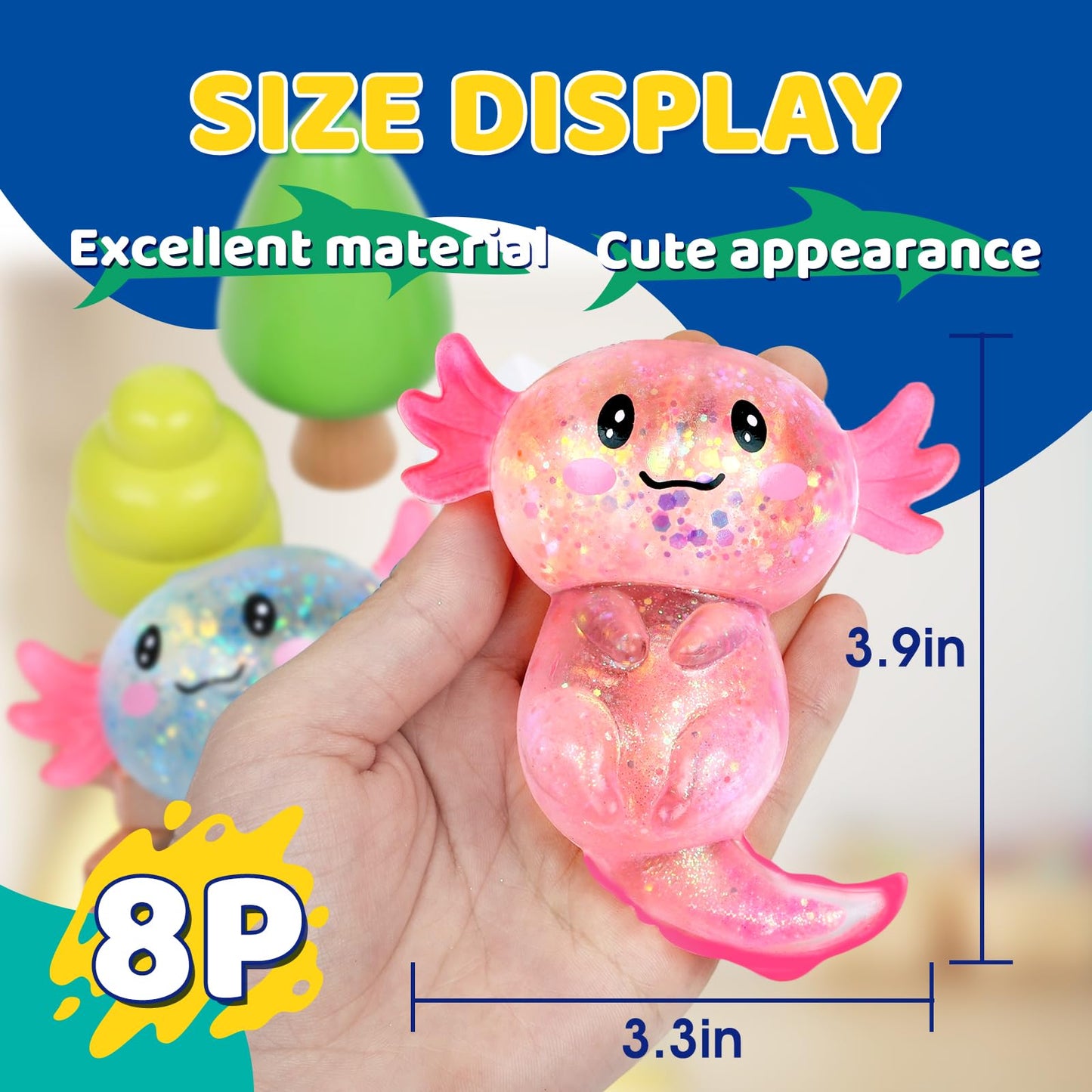 8 Pack Slow Rising Stress Ball, Cute Axolotl Stretchy Fidget Toys for Kids Adults, Slow Rebound Squeeze Balls for Hand Tactile Play, Ideal for