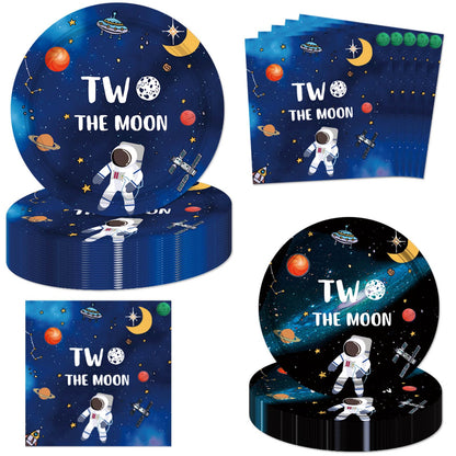 Letromp 40 Pcs Two the Moon Birthday Decorations 2 the Moon Party Paper Plates Napkins for Outer Space/Galaxy Astronaut/Space Man/Robot UFO Theme Baby