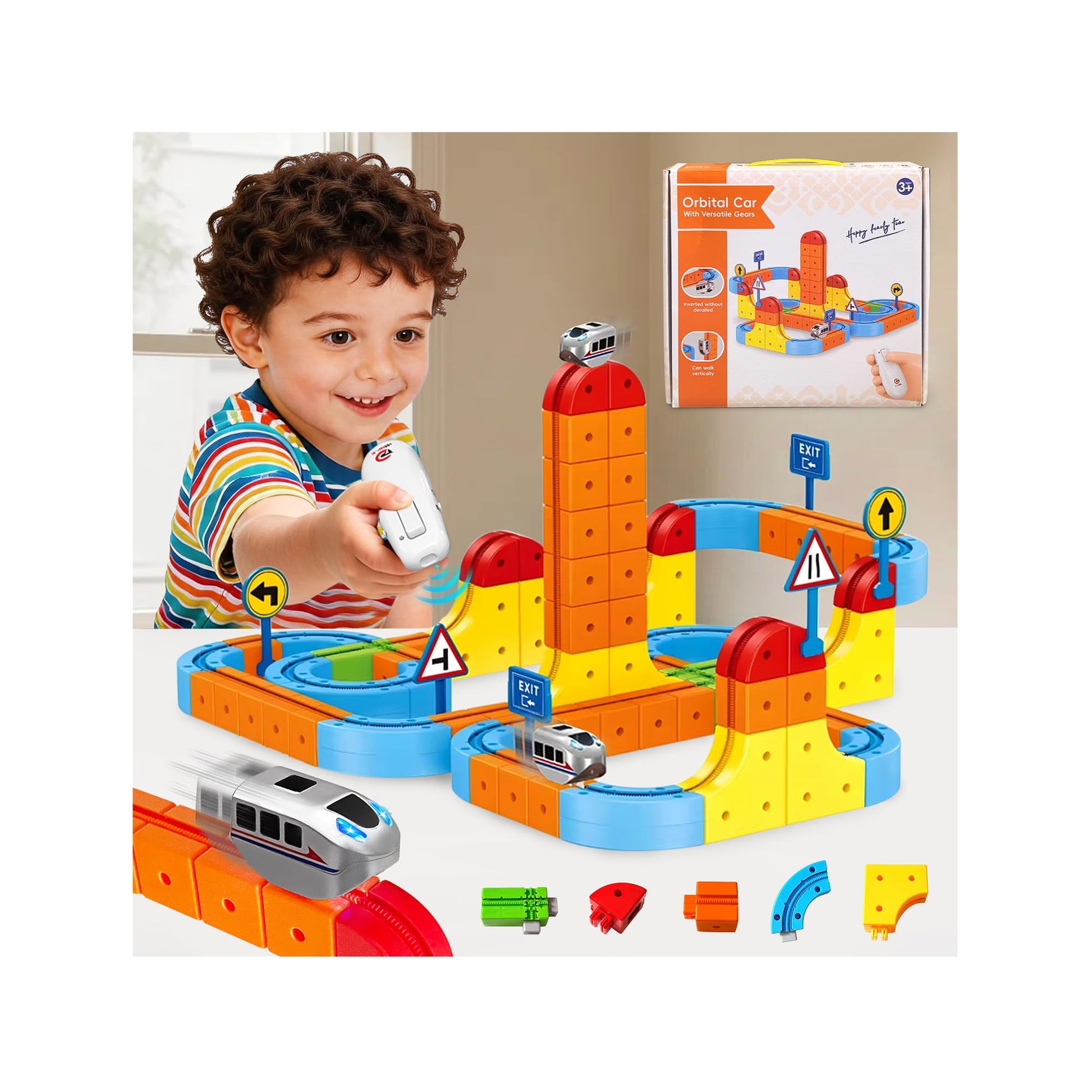 Virellia Upgraded RC Electric Train Set, 147PCS Remote-Control 3D Racing Track Sets with Anti-Gravity Electric Train, Traffic Signs, Flexible Race