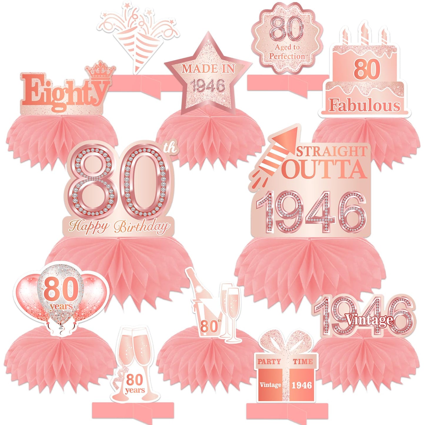 Happy 80th Birthday Rose Gold Table Honeycomb Centerpieces Balloons Theme Decor Table Decorations Table Toppers for Girls Women Sweet Princess 80