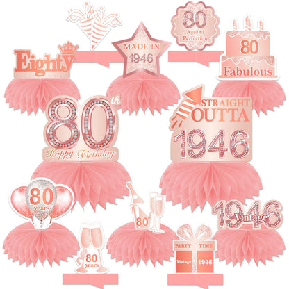 Happy 80th Birthday Rose Gold Table Honeycomb Centerpieces Balloons Theme Decor Table Decorations Table Toppers for Girls Women Sweet Princess 80