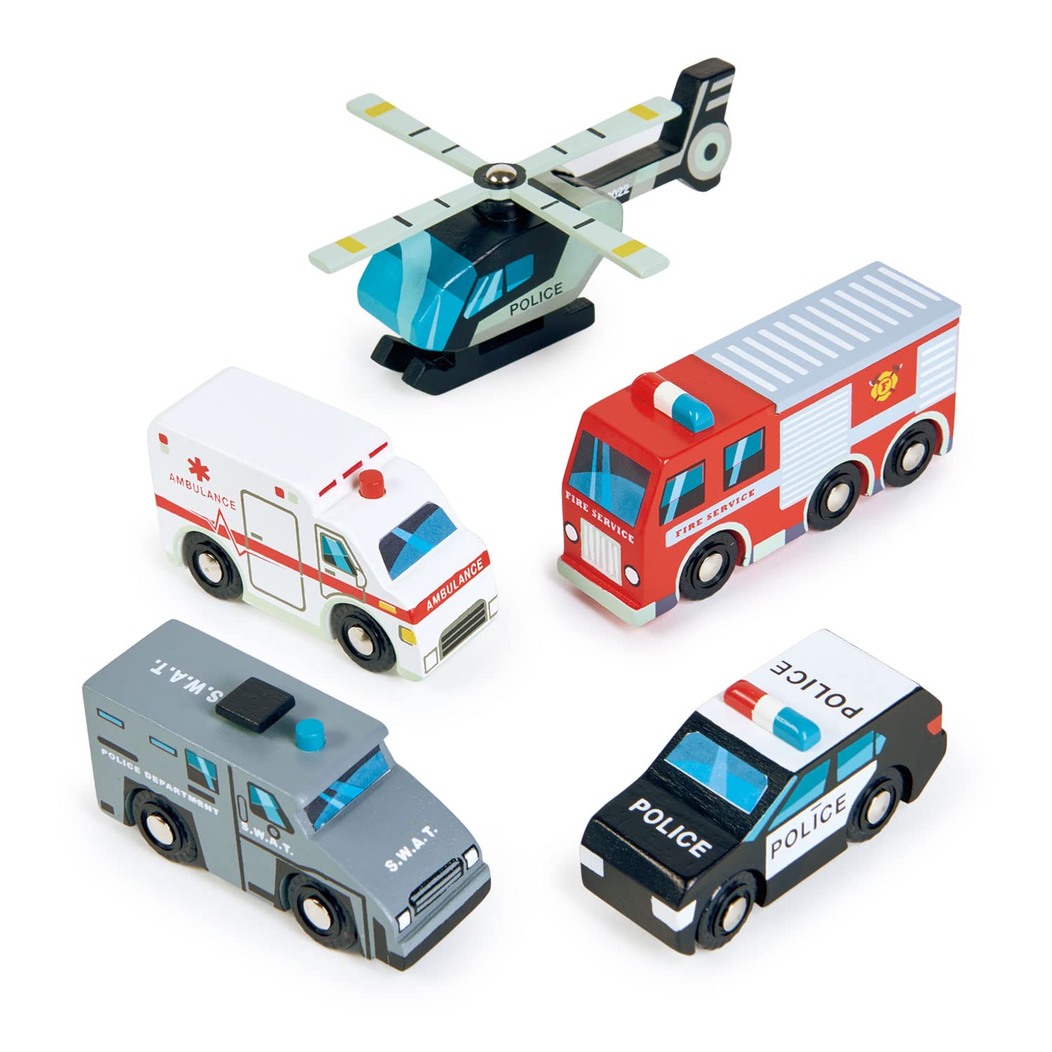 Tender Leaf Toys - Emergency Vehicles - 5 Wooden Rescue Vehicles with Moving Parts for Toddler Boys and Girls - Great Gift for Car Lovers