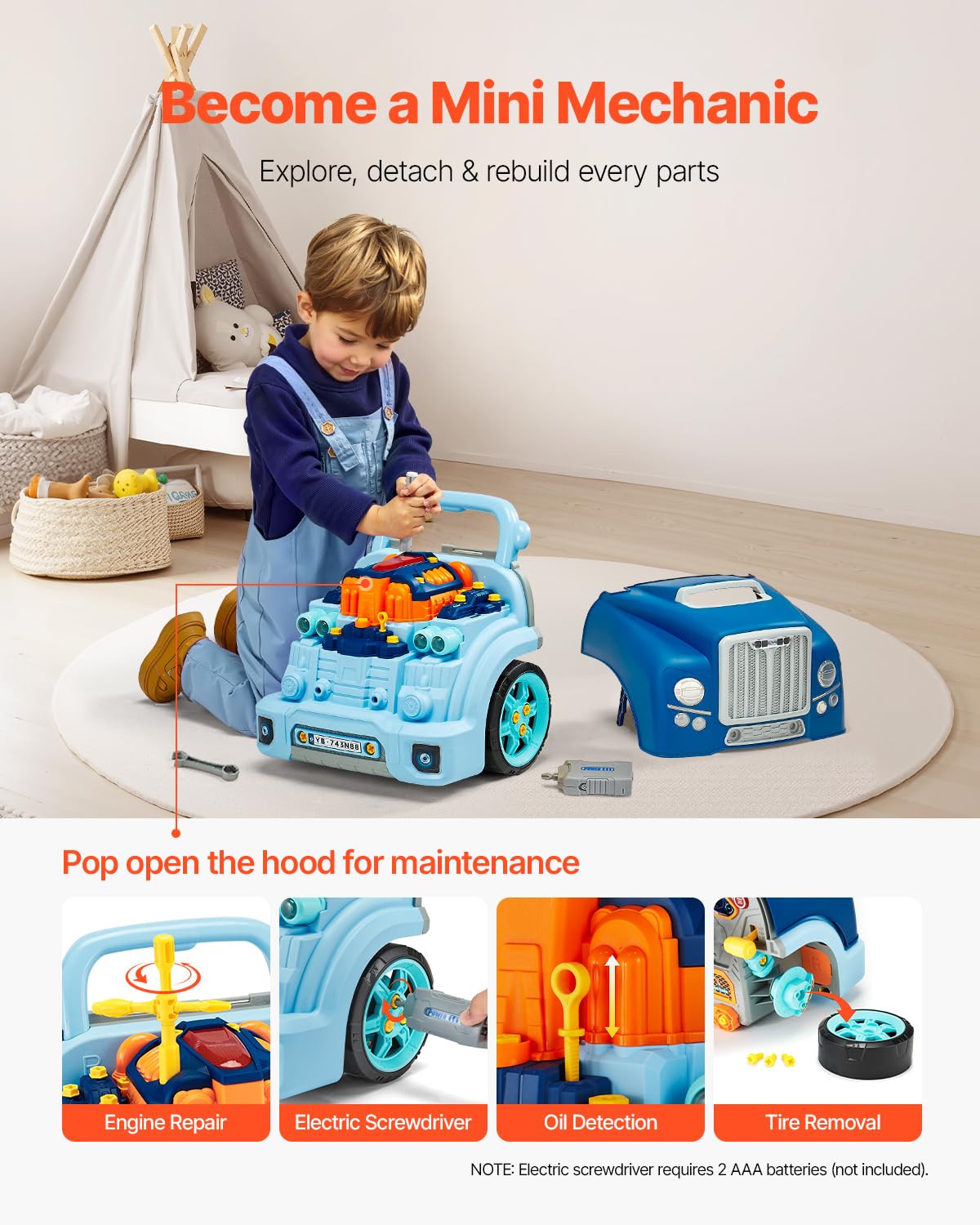 VEVOR Engine Toy, 60 Pieces, Kids Mechanic Car Repair Set with Removable Parts, Lights and Sounds, Steering Wheel and Horn, Kids Mechanic Workshop Set