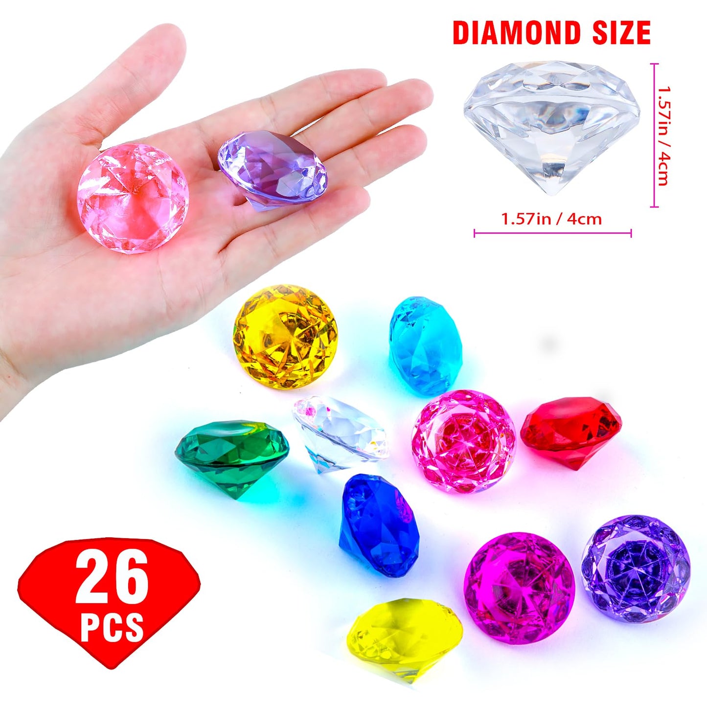 Niceup 26PCS Fake Diamonds Gem Toys, 1.5in Clear Pool Diving Gems Acrylic Plastic Gemstones for Kids, Party Décor Jewels Treasure Hunt Hiding Sensory