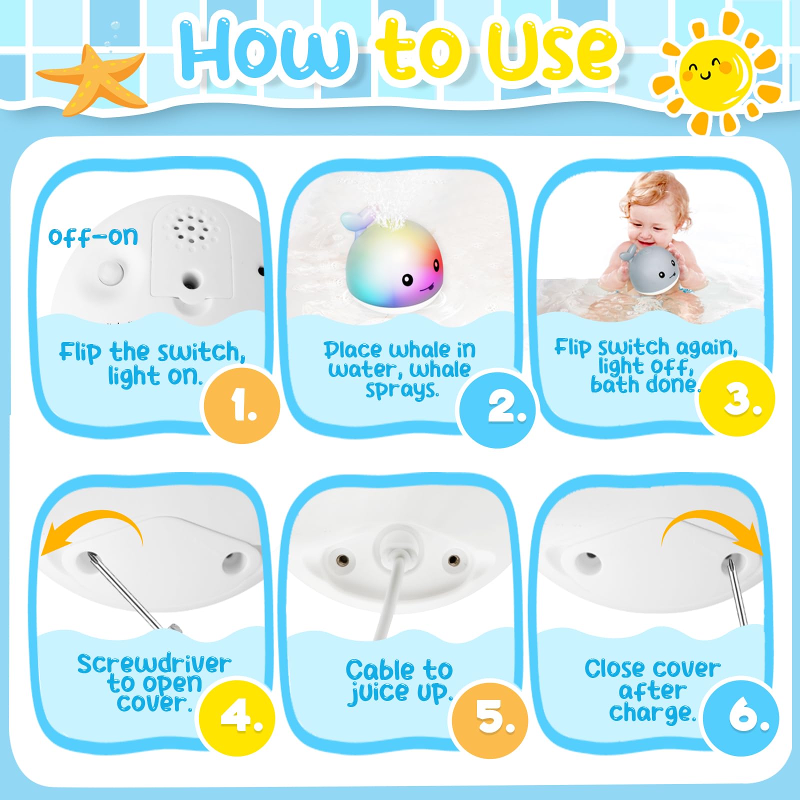 TFS TOP·FANS Baby Whale Bath Toy Infant: Light Up Fountain 6-12 Months Old Bathtub 18-24 Pool 3 4 5 7 8 9 10 15 Sprinkler Tub Water Toys Toddlers 1