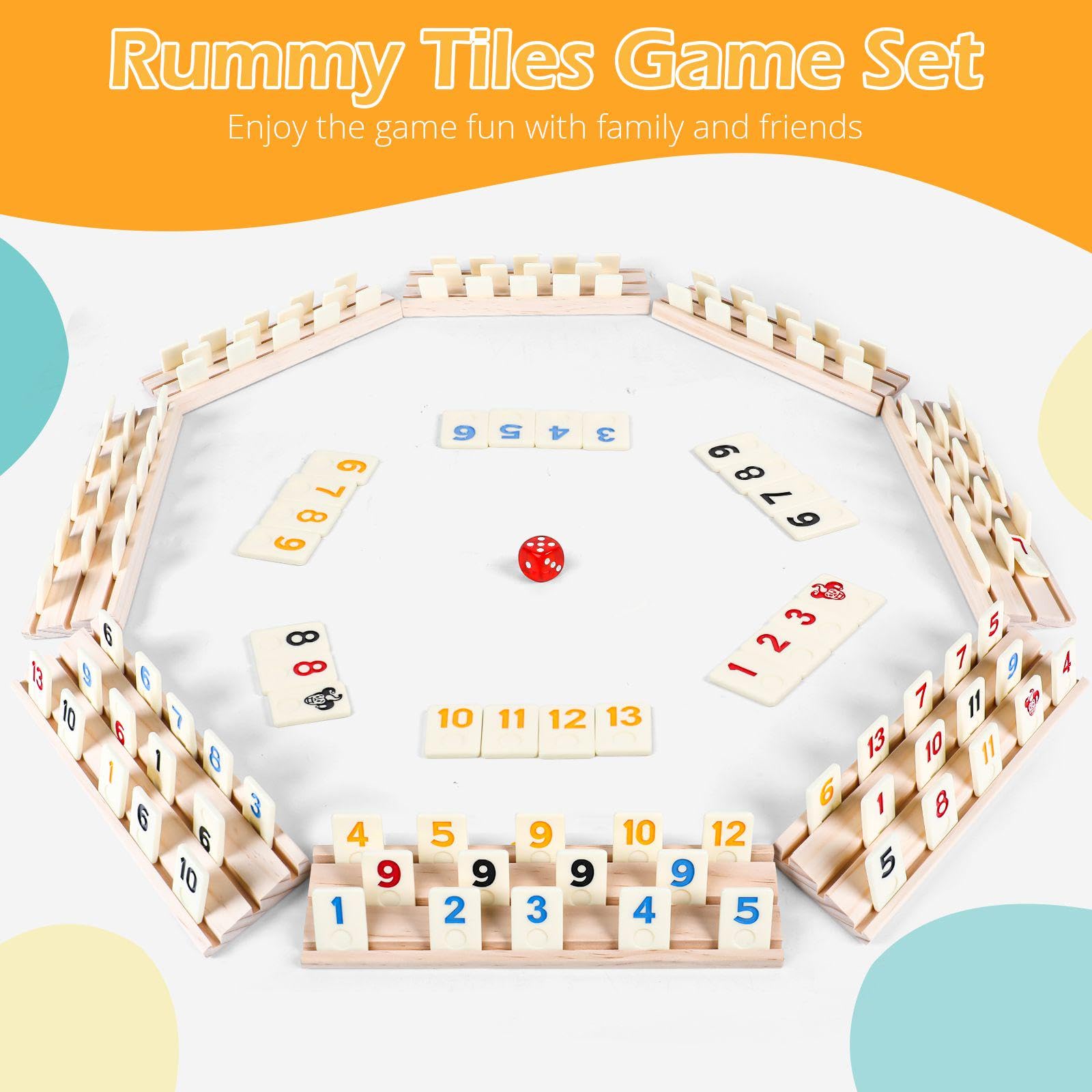 Rummy Cube Set, 2026 New 8 Player Edition with 8 Wooden Racks/Trays, 214 Large Numbers Rummy Melamine Tiles with Zippered Case, Rummy Travel Game Set