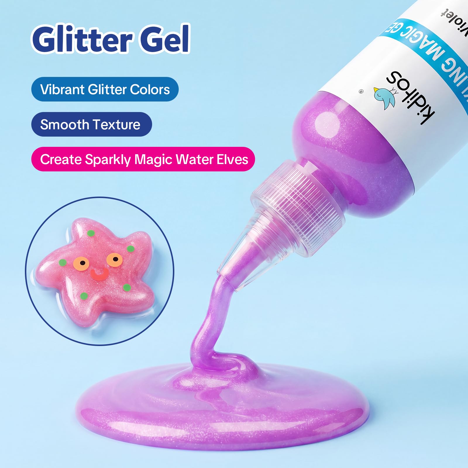 Kiditos Magic Water Elf Gel Refills, 12 Colors Refill Pack for Magic Water Elf Toy Kits, 5 Pure, 5 Glitter, 1 Glow-in-the-Dark, 1 Color-Changing Gel