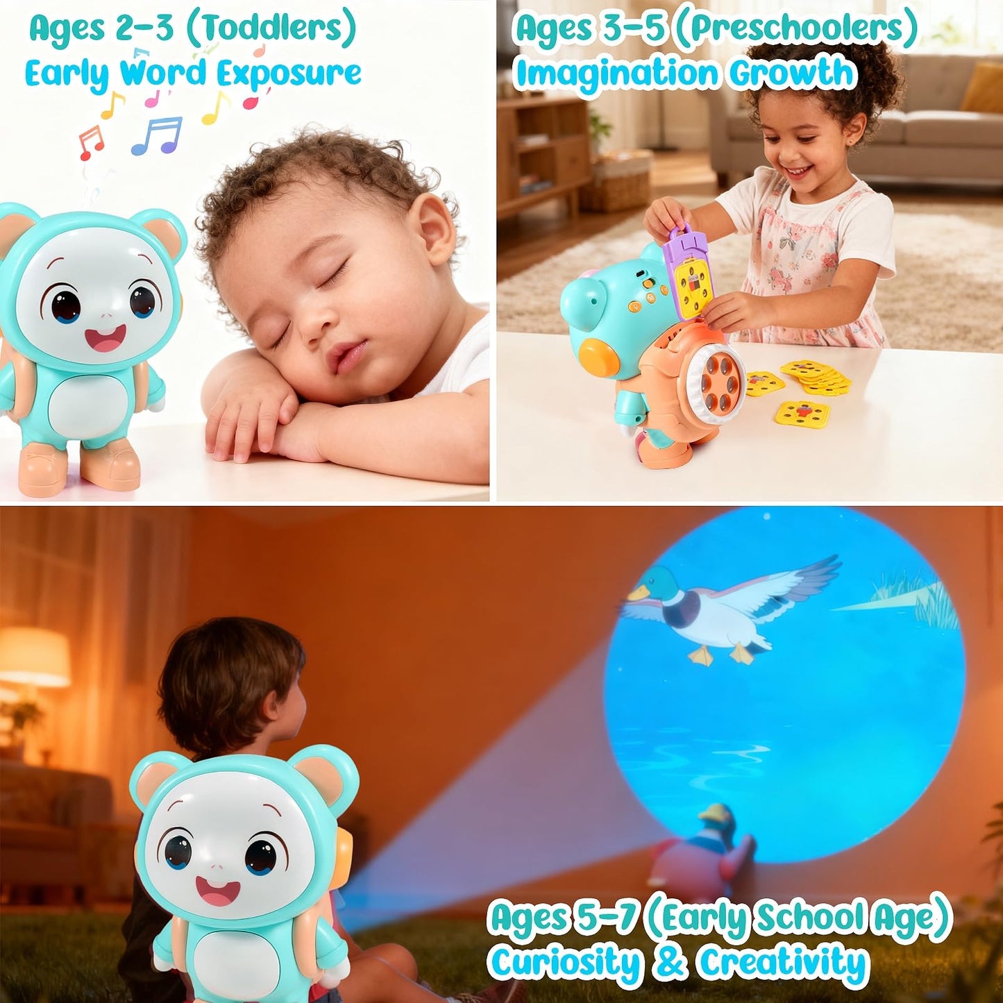 Little Bear Story Dream Projector, Interactive Play & Early Learning Toys for Kids, Includes 11 Fairy Tale Stories & 9 Word Cards, Night Light, Fun