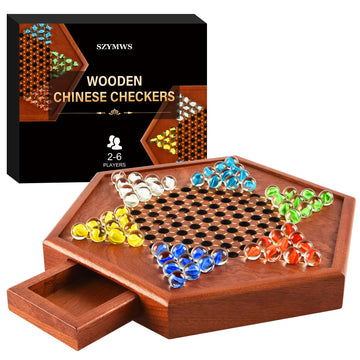 12.7 Inches Wooden Chinese Checkers Set with Storage Drawer -60 Glass Marbles in 6 Colors -12 Bonus Spare Marbles| Chinese Checkers Board Game