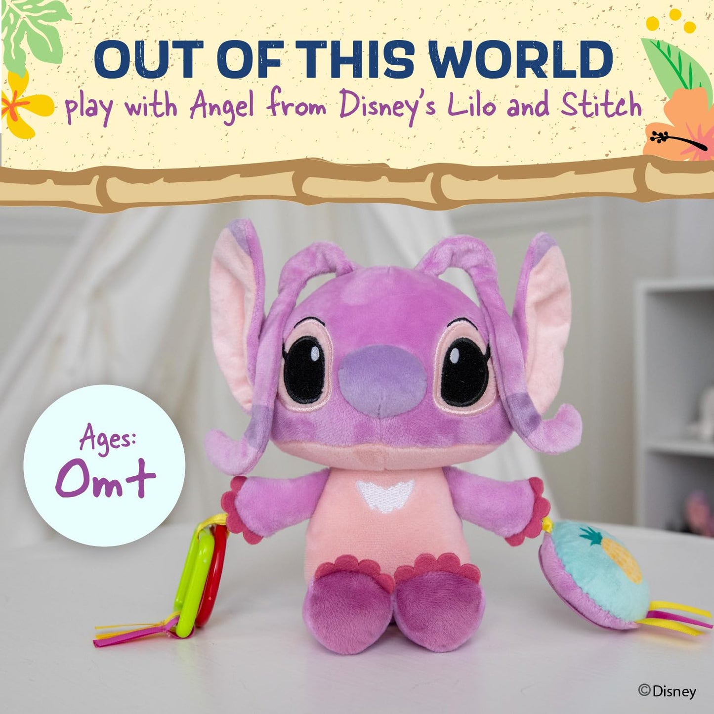 Kids Preferred Disney Baby Lilo and Stitch Angel On The Go Activity Toy with Teether Rings, On The Go Clip, Crinkle Texture, and Mirror