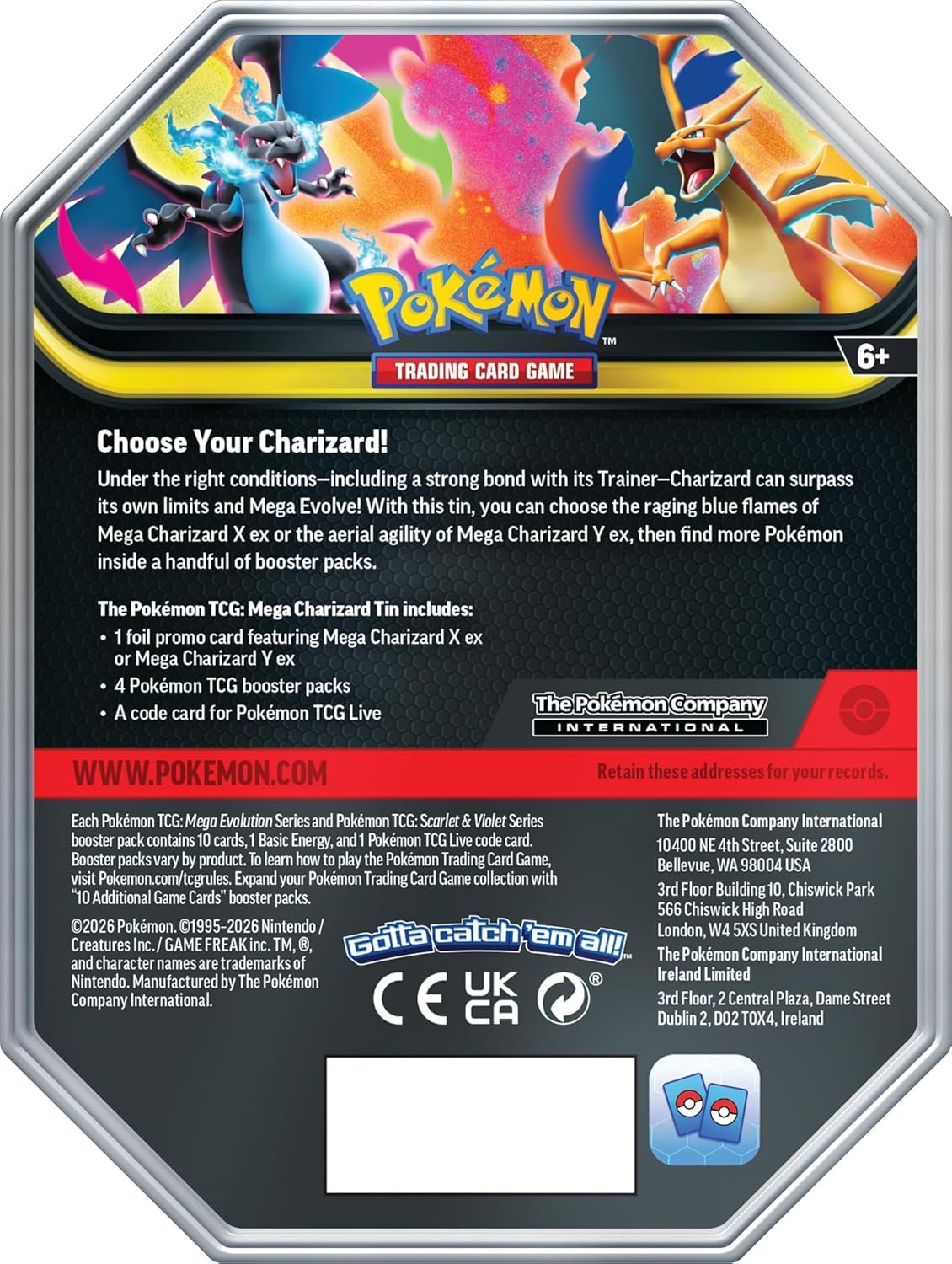 Pokémon TCG Trading Card Game: Mega Charizard ex Promo Card and Tin, Comes with 4 Packs (2 Phantasmal Flames, 1 Journey Together, 1 mega Evolution)