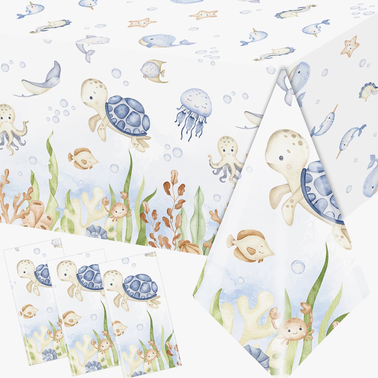 GREHUMOR 3Pcs Ocean Tablecloth Decoration Under The Sea Theme Party Supplies Sea Turtles Disposable Plastic Table Covers Underwater Sea Life Table