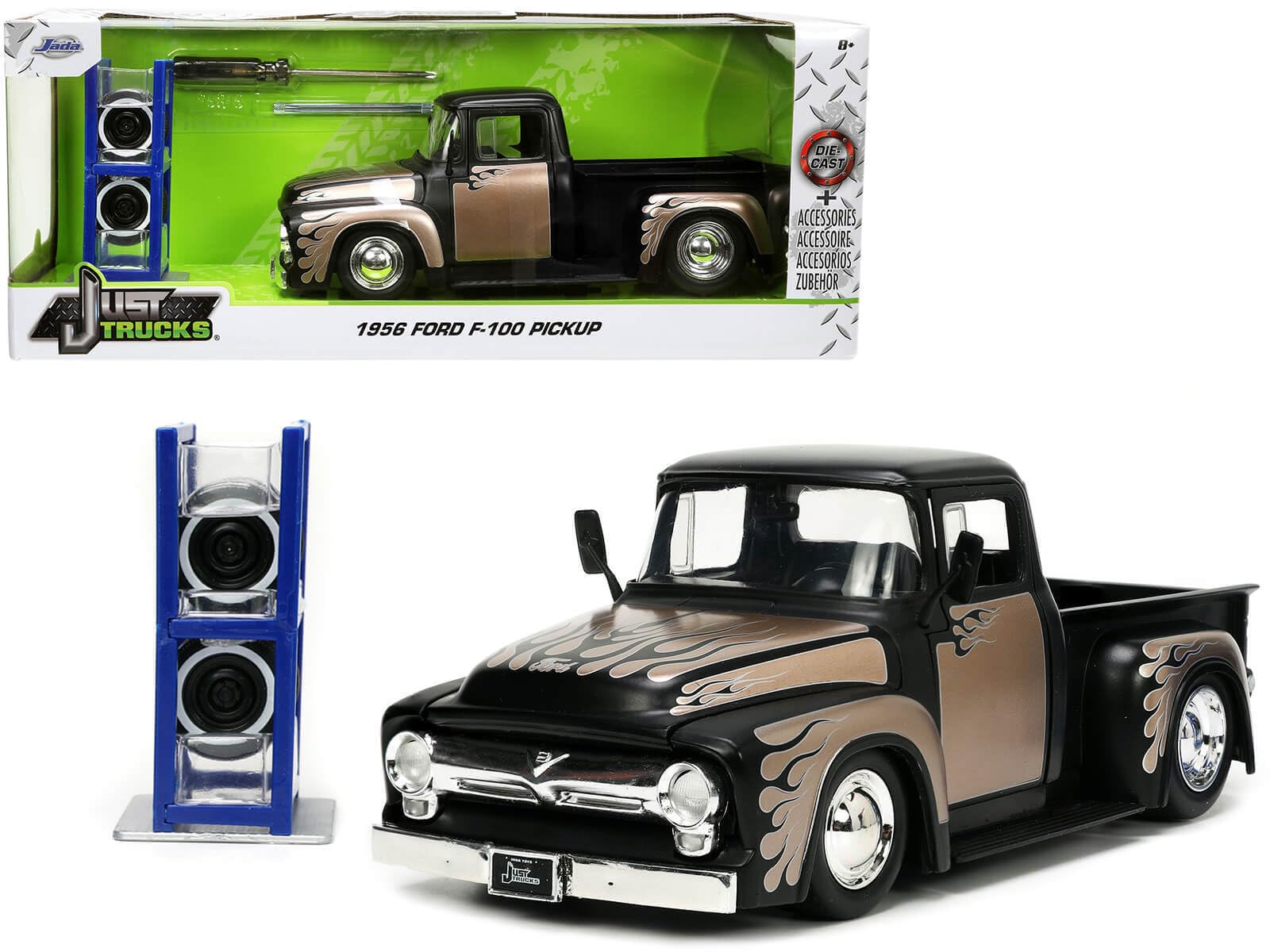 Jada Toys Just Trucks 1:24 1956 Ford F-100 Die-cast Car Black/Brown with Tire Rack, Toys for Kids and Adults