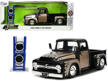 Jada Toys Just Trucks 1:24 1956 Ford F-100 Die-cast Car Black/Brown with Tire Rack, Toys for Kids and Adults