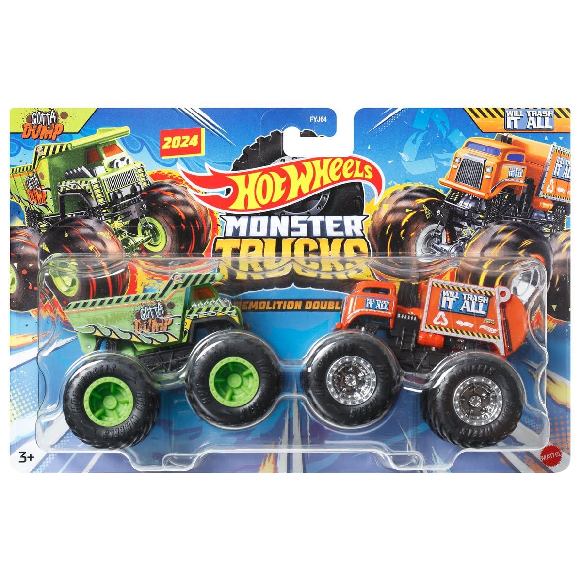Hot Wheels Monster Trucks Demolition Doubles, Set of 2 Toy Monster Trucks in 1:64 Scale (Gotta Dump vs Will Trash it All)