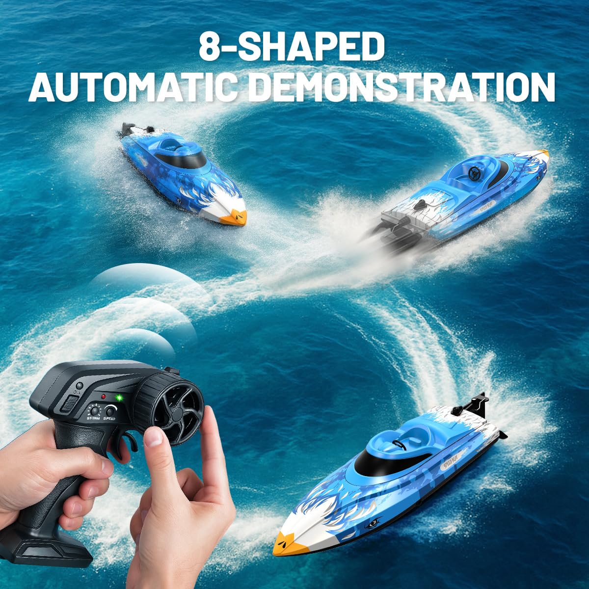 RC Boat 25KM/H High Speed Waterproof Remote Control Boat,Water Cooling, 2.4GHz Remote, 2 Batteries, LED Lights, One-Key Flip, Low Battery