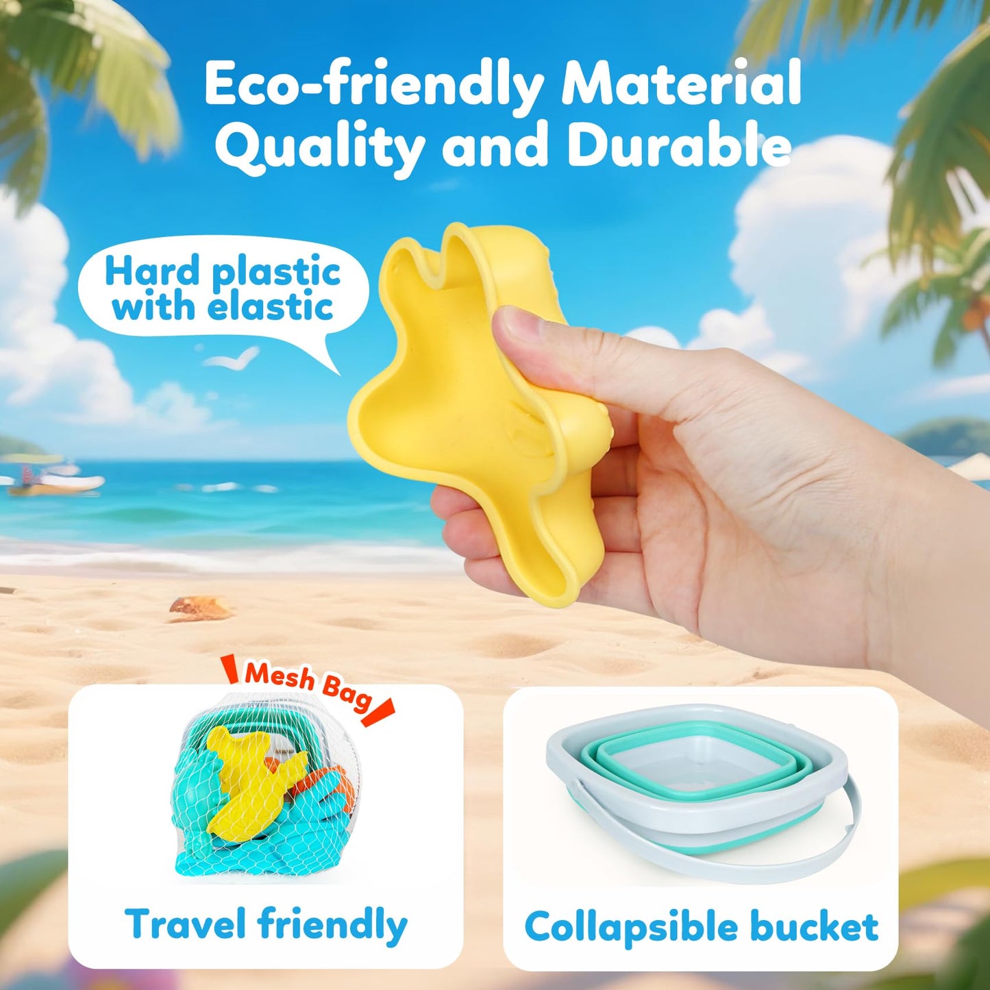 GKDOMS Kids Beach Toys Set with Collapsible Bucket, Sand Molds, Sand Rake and Shovel, Travel Sand Toys Sandplayset for Ages 2-6 (Single Multi)